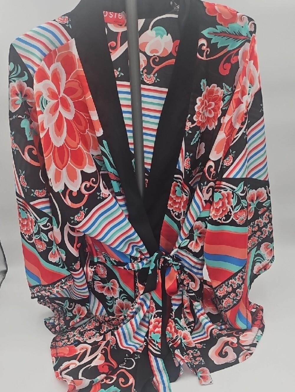 Josie by Natori Womens Red Black Floral & Geometric Kimono Robe Large - Picture 3 of 6